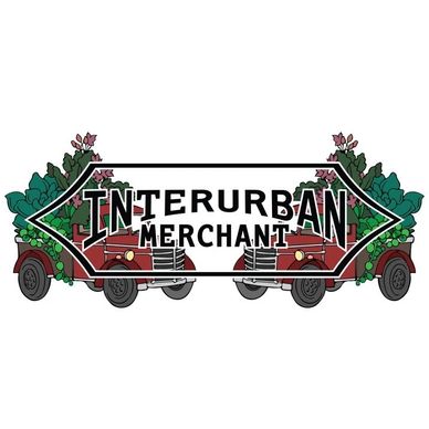 Interurban Merchant logo with two mirrored illustrations of a red truck overflowing with lush plants