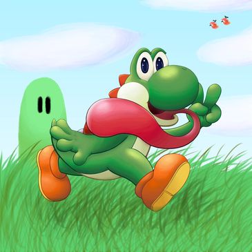 A digital painting of Yoshi from Super Mario, made by Lea Miller.