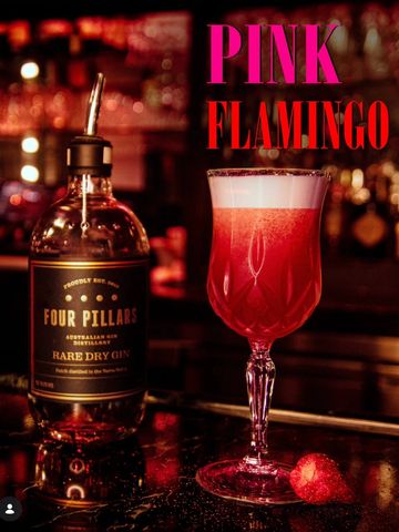 Pink Flamingo cocktail and Four Pillars Rare Dry Gin bottle.