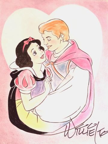 Snow White and Prince Charming sharing a loving embrace with a heart background.
