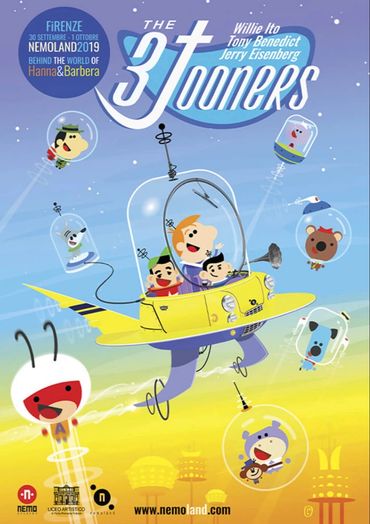 Colorful cartoon poster of The Jetsons flying in a futuristic yellow car spaceship.