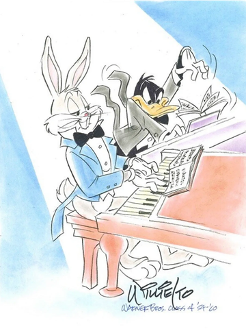 Bugs Bunny and Daffy Duck playing piano duet in tuxedos.
