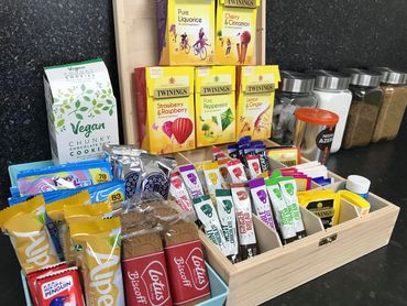 Picture of an array of drinks and vegan snacks provided at a CPD workshop for counsellors in Redcar