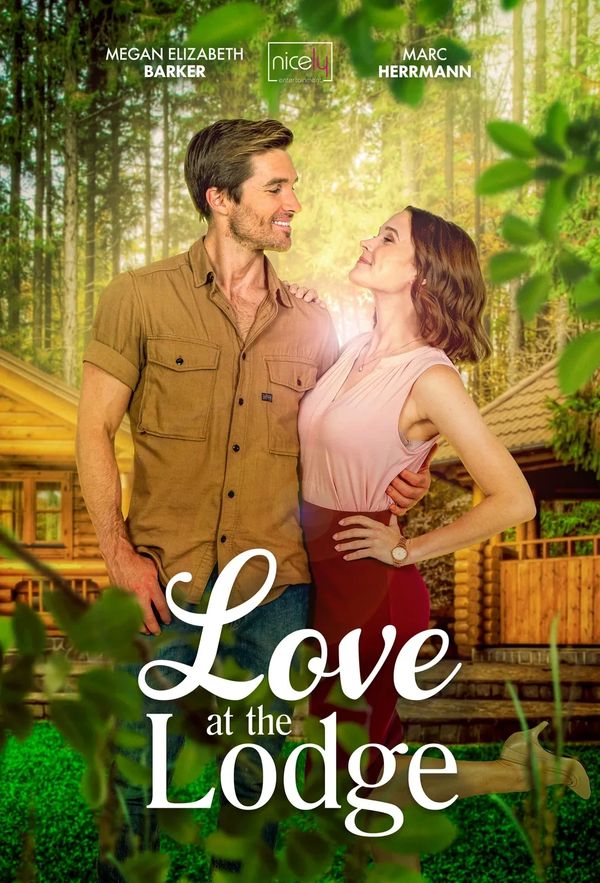 Couple embracing outside a lodge in the forest.
