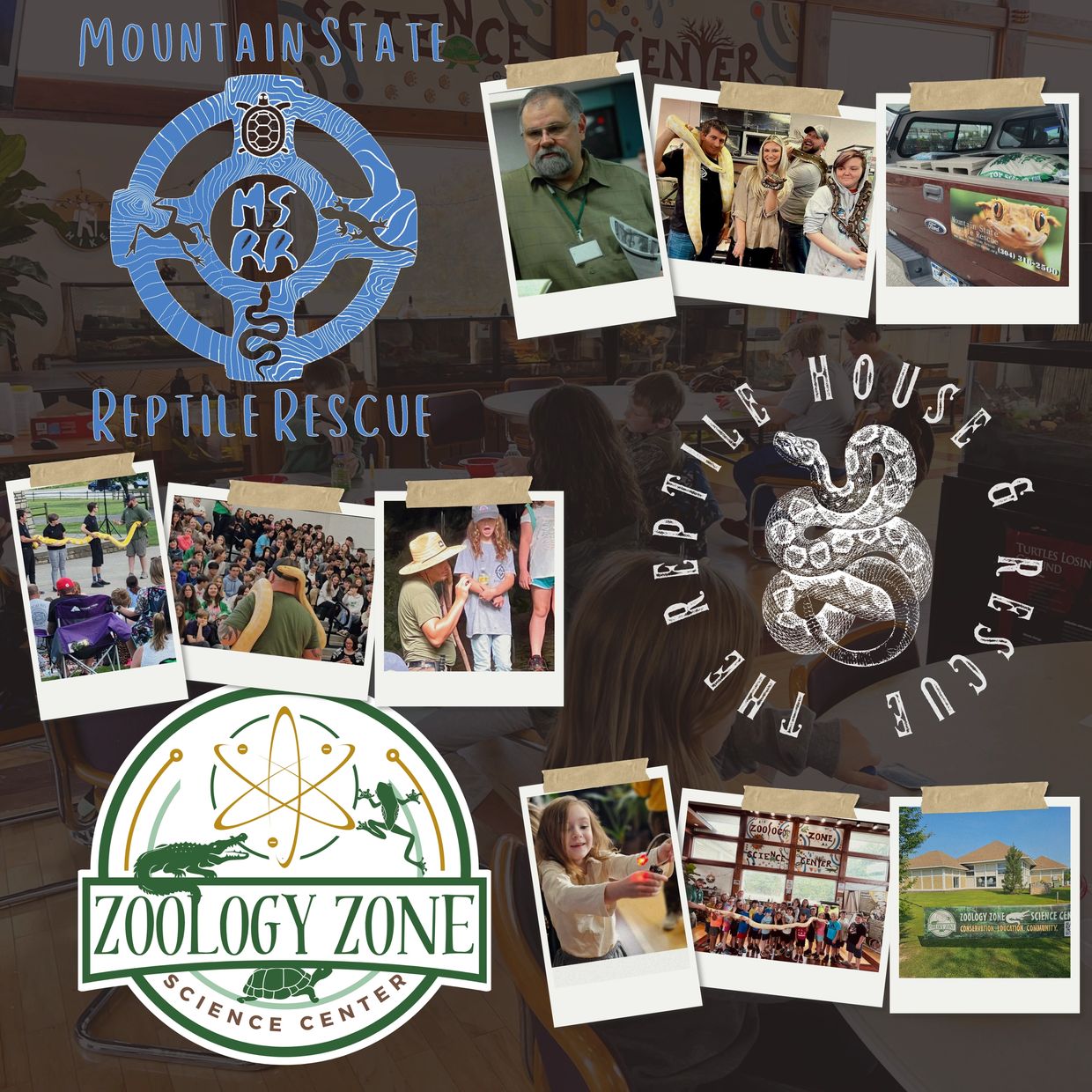Collage showcasing Mountain State Reptile Rescue, The Reptile House & Rescue, and Zoology Zone Science Center with community events and education.