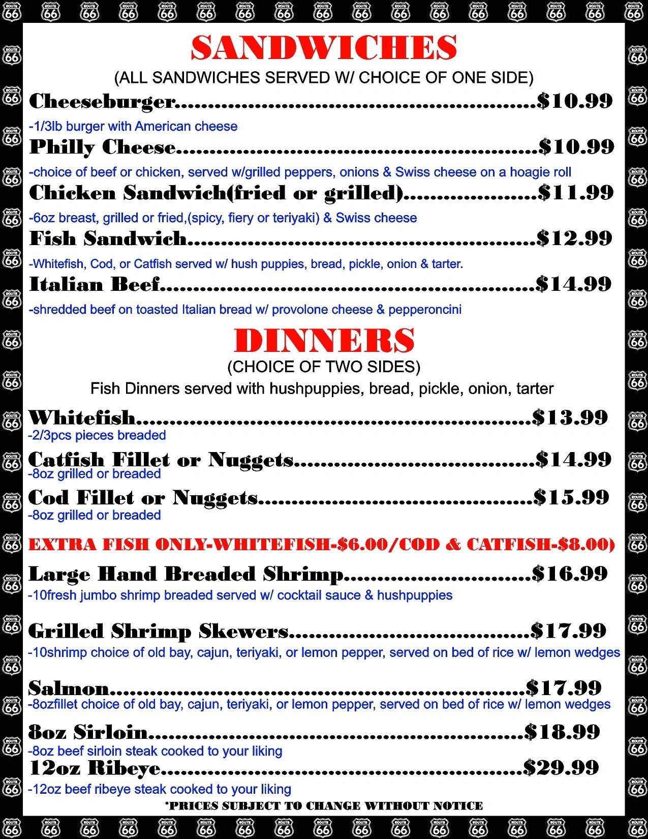 A Sandwiches and Dinners Menu Page