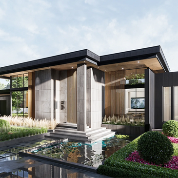 photo of modern house, floor to ceiling glass, luxury high end finishes