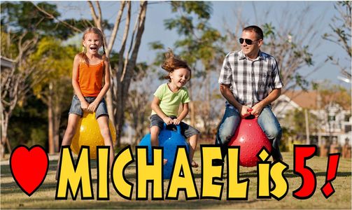 Family are excited about a child turning five years old and his name is spelled with large lawn letters