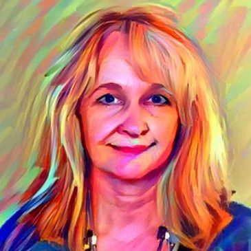 Colorful digital portrait of a smiling woman with blonde hair.