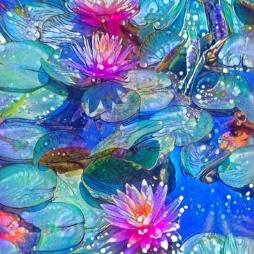Colorful water lilies with blue leaves in a vibrant artistic style.