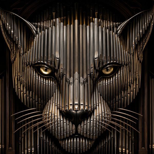 Cat face made from organ pipes.