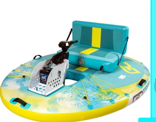 Compact electric motorized inflatable fishing boat with seat.