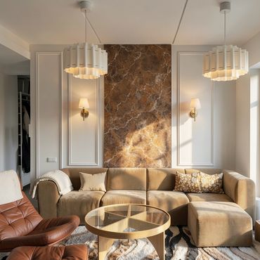 Living room featureing midcentury modern style, with picture molding and emperador marble