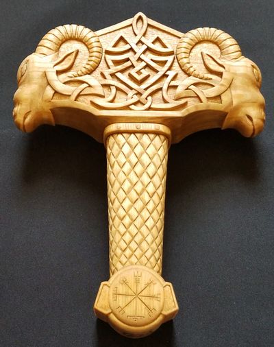 Statue, woodcarving. Thor's Hammer,  Odin, Loki, Viking, Heathen, Norse, Pagan god & goddess symbols