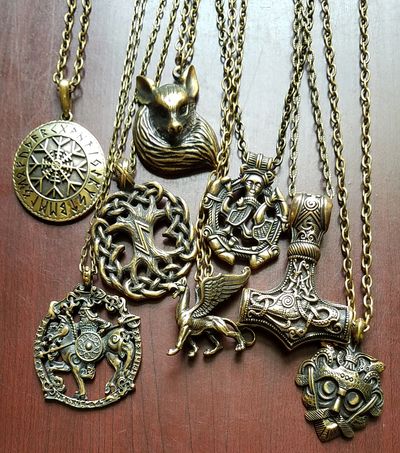 Bronze pendant jewelry. Magic symbols, Viking, Norse, Celtic gods & goddesses, mythical beasts.
