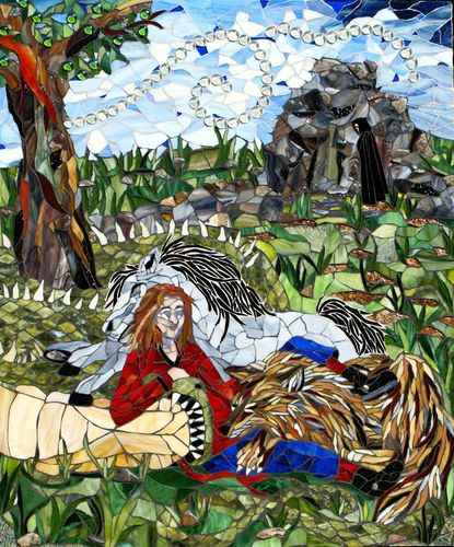 Loki stained glass scrap glass mosaic. Loki and his children, Fenrir, Jormungandr, Sleipnir, Hel