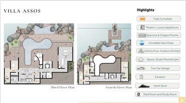 Floor plans of Villa Assos with luxury amenities and yacht dock.