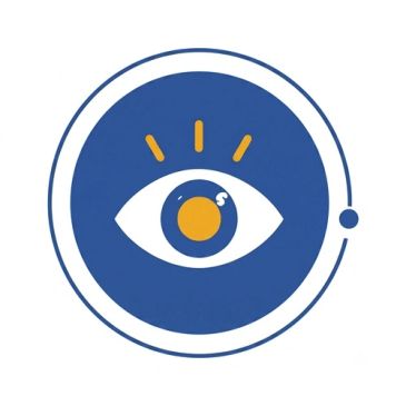 Blue and orange eye logo inside a circular design.