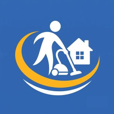 Logo of a person vacuuming near a house.
