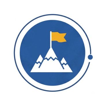 Icon of a mountain with a flag on top inside a circular border.