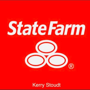 State Farm logo with agent name Kerry Stoudt on red background.