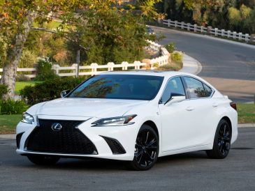 White Lexus sedan parked on a suburban street with greenery.