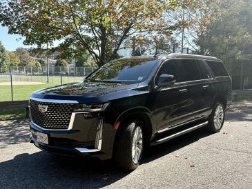 Black Cadillac Escalade parked on a sunny day near a park.