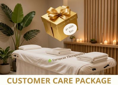 A serene spa room promoting a 30-minute customer care package for $80.