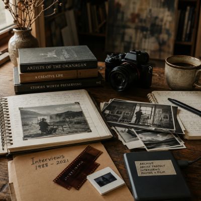 Workspace with photography and art archives.