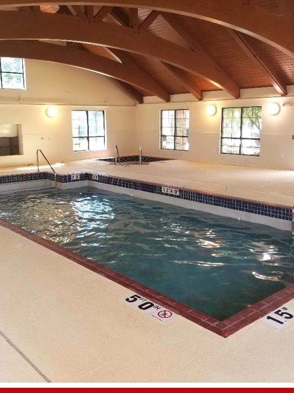 Indoor swimming pool with wooden ceiling and natural light.