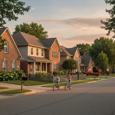 Two children riding bicycles on a suburban street at sunset.