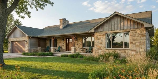Single-story stone house with a spacious lawn and wildflowers under a clear sky.