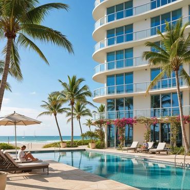 Relaxing poolside scene with palm trees and ocean view at a modern beachfront building.