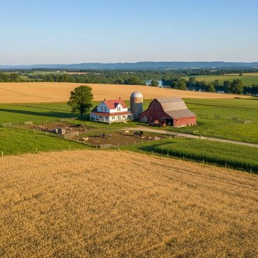A picturesque farm with red barn, silo, house, and grazing cows surrounded by golden fields.