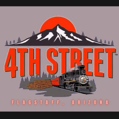 Logo of 4th Street in Flagstaff, Arizona with a train and mountain.