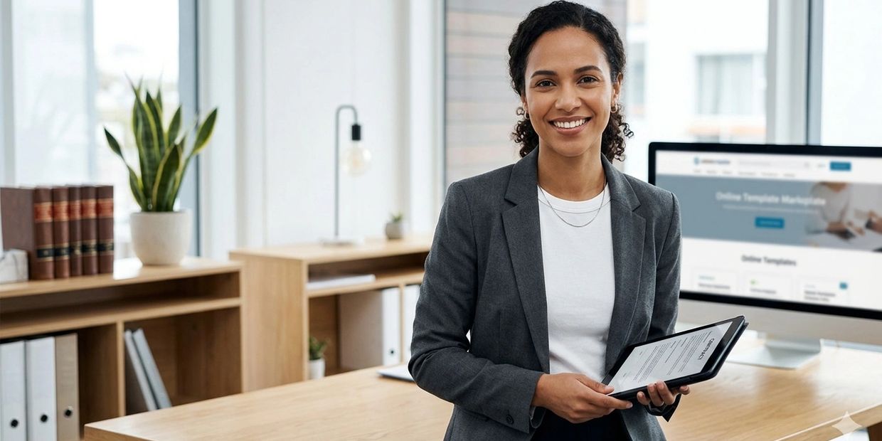 Smiling businesswoman holding a tablet in a modern office.