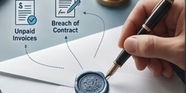 Hand signing document with wax seal, highlighting unpaid invoices and breach of contract.