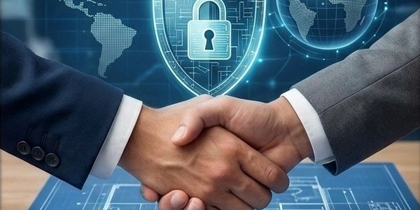 Two people shaking hands with digital security icons in the background.