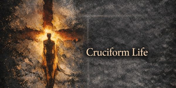 Shadowy figure in a cross silhouette with text.