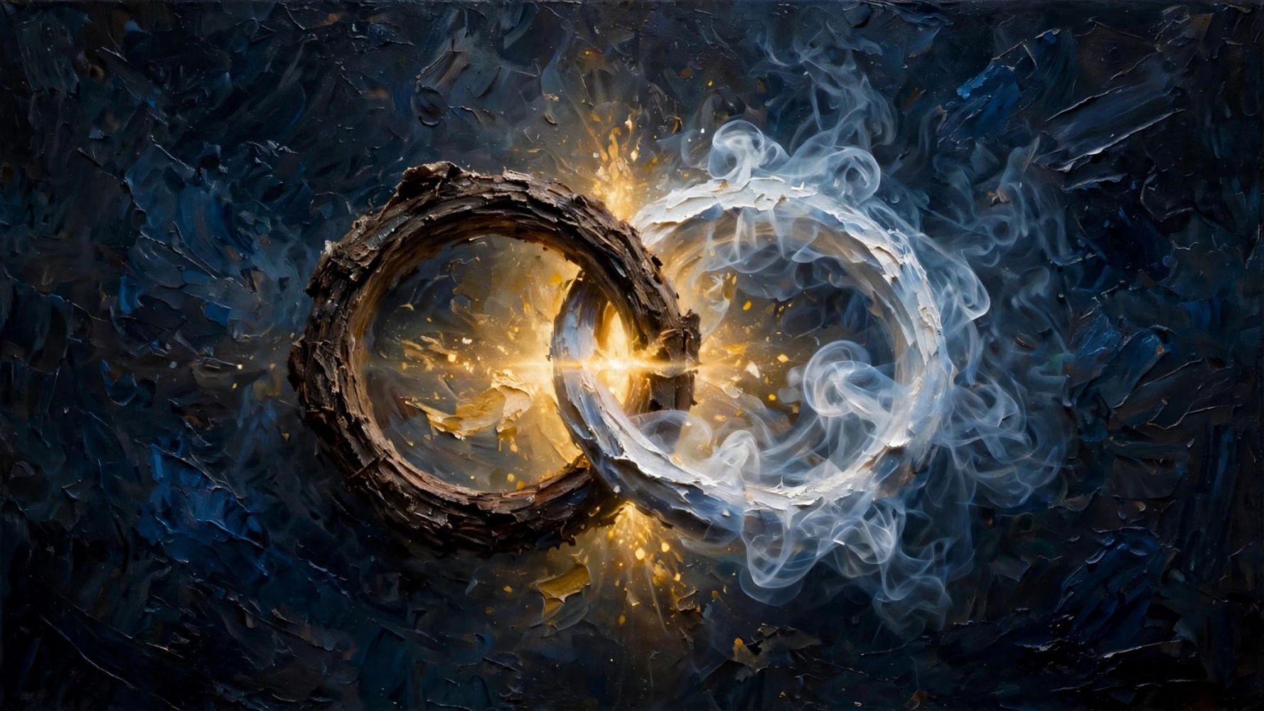 Two textured rings intertwined with fire and smoke effects.