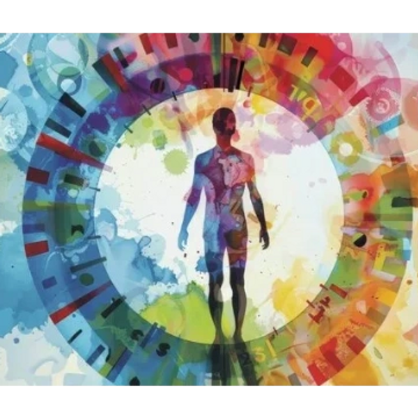 Colorful human silhouette surrounded by a vibrant circular pattern and splashes of paint. energy fie