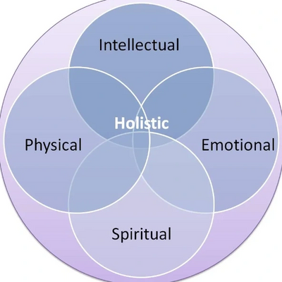 Venn diagram showing holistic approach integrating intellectual, emotional, physical, and spiritual aspects.