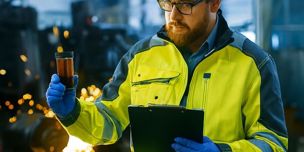 Engineer inspecting a liquid sample in an industrial setting.