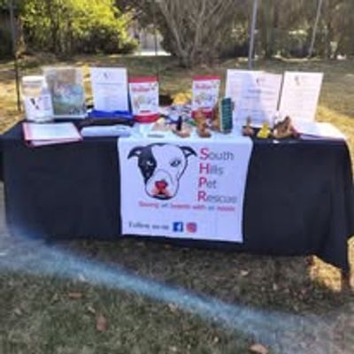 Fundraising table for South Hills Pet Rescue with info and donation items.