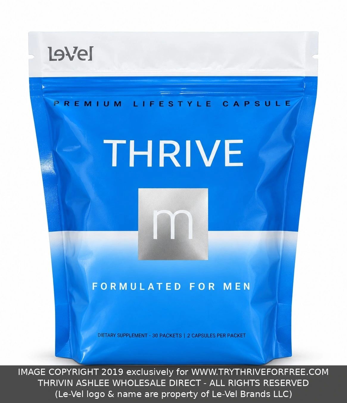 Blue package of Thrive dietary supplement for men by Le-Vel.