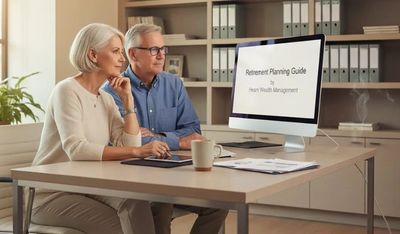A mature couple reviewing a retirement planning guide on a computer.