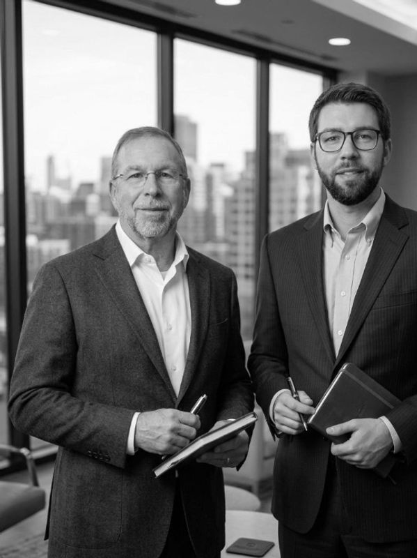 Two businessmen in suits holding notebooks and pens in an office.