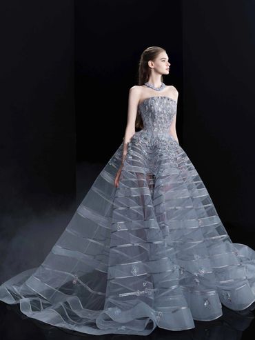 Elegant woman in a detailed, flowing silver gown against a dark background.