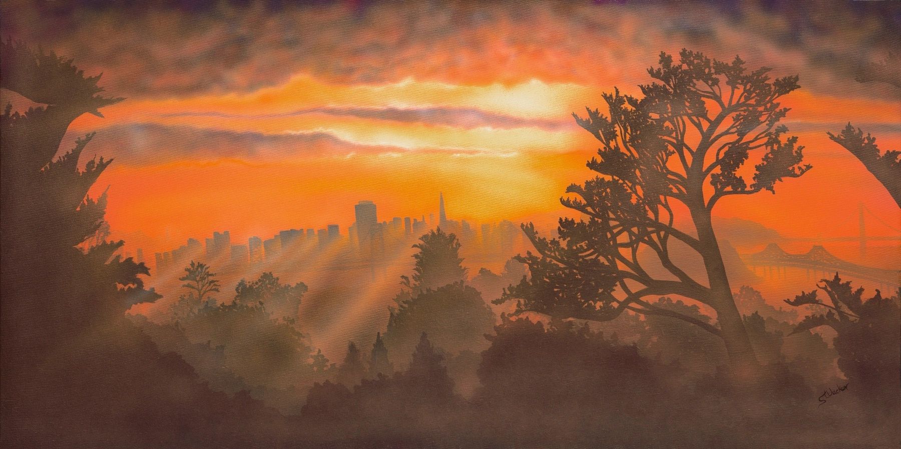 Sunset over a city skyline with silhouetted trees and warm orange hues.