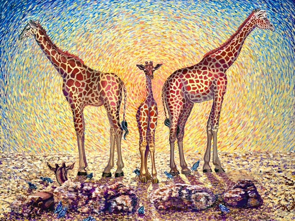 Three giraffes stand against a vibrant swirling sky in a colorful, impressionistic painting.